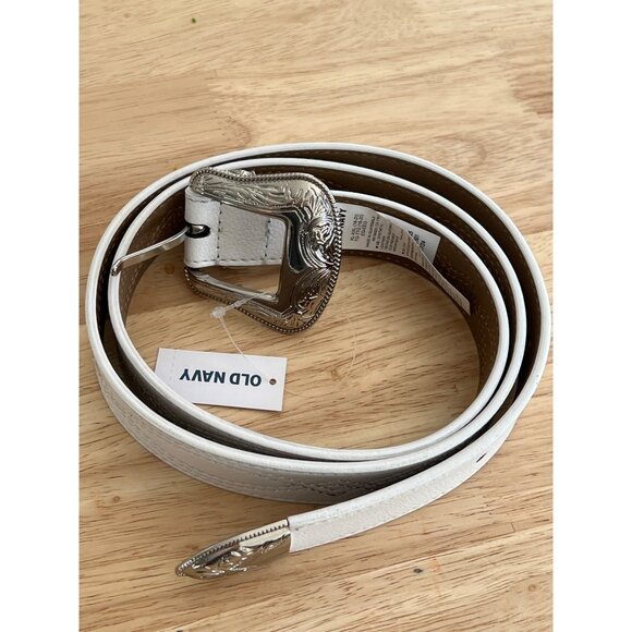 White Faux Leather Belt With Engraved Silver Buckle & Tip - Old Navy XL/XXL - Picture 1 of 6